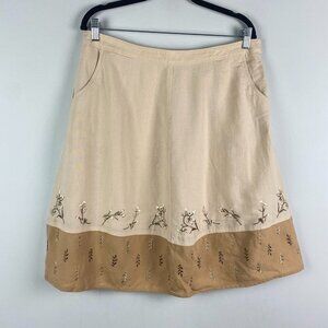 J. Jill Floral Embroidered Linen Skirt Pockets Lined Boho Beige Tan Size 14P